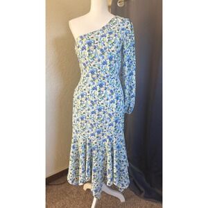 Altar'd State Floral One Shoulder Midi Dress one Long Sleeve Mermaid Hem Med